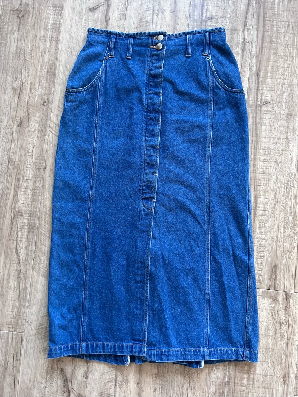 Vintage Classic High-Waist Blue Denim Midi Skirt modest prairie cottagecore